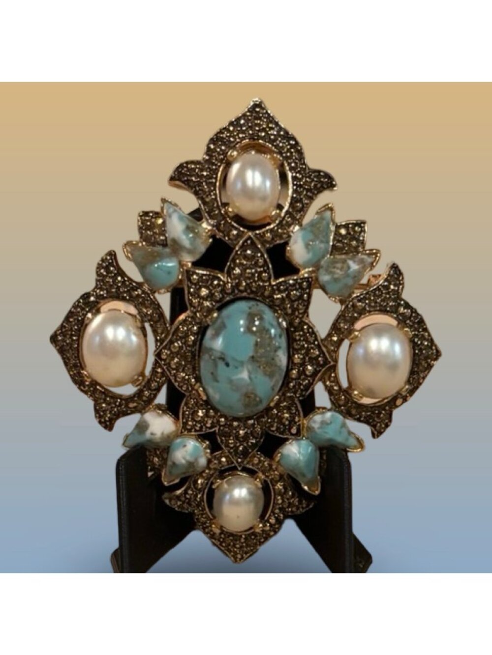 Sarah Coventry Gold Tone Turquoise & Faux Pearl Statement Brooch Vintage Gift